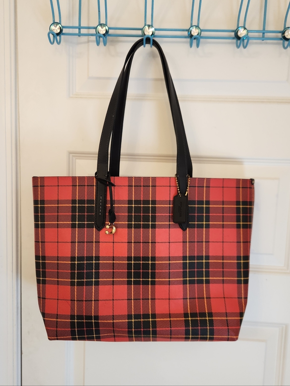 Coach‎ Highline Plaid Print Coated Canvas Tote Bag Red Black
